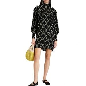 Ganni Black Bishop Sleeve Dress Size 34 Floral Purple Flowers